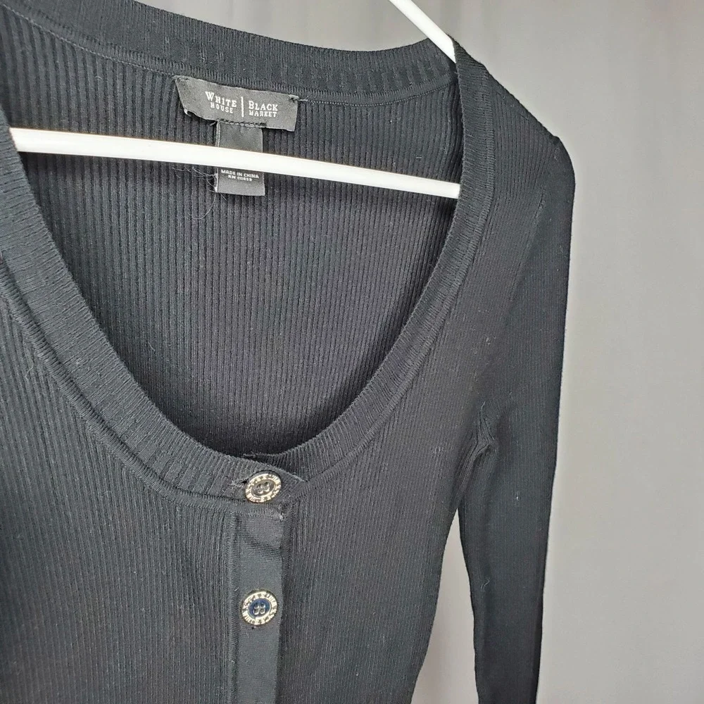 White House Black Market Cardigan Women Small Black‎ Rib Knit Button Y2K Preppy